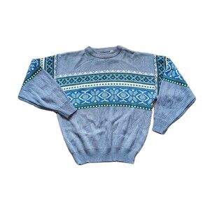 Vintage Nordic Sweater Womens L Blue Fair Isle Geometric Knit Cozy
